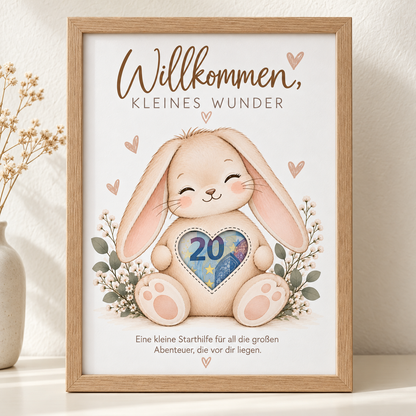 Anwendungsbeispiel: Geldgeschenk zur Geburt mit beigefarbenem Hasen im A4-Holzoptikrahmen und Geldschein hinter dem ausgeschnittenen Herz