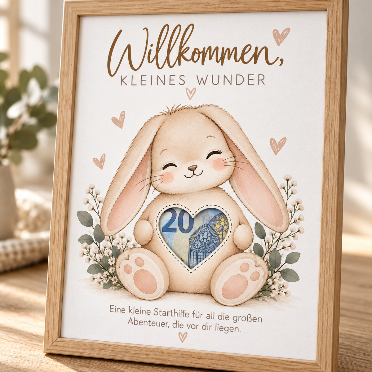 Detail des Hasenmotivs mit ausgeschnittenem Herz und dahinterliegendem Geldschein im Rahmen