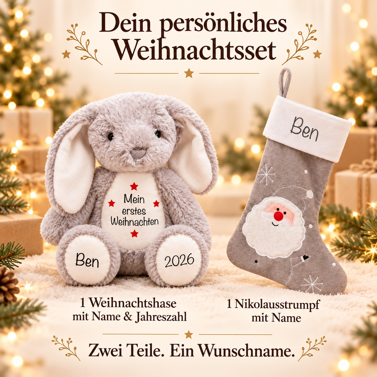 Set-Inhalt: ein personalisierter Weihnachtshase und ein grauer Nikolausstrumpf mit demselben Wunschnamen