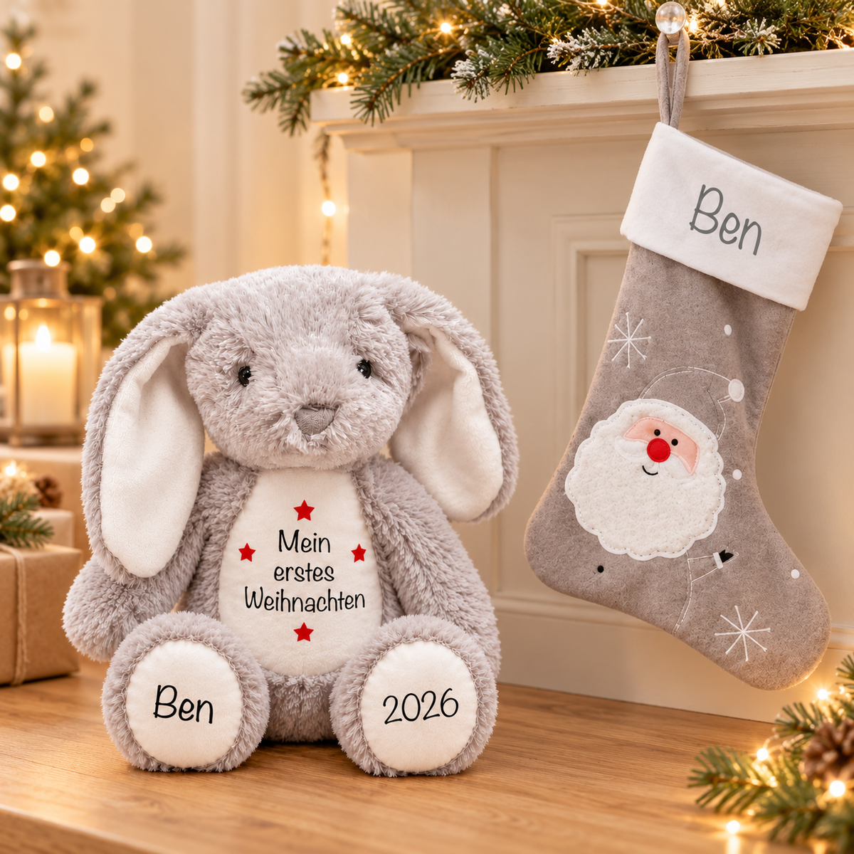 Weihnachtsset: personalisierter grauer Hase und grauer Weihnachtsmann-Strumpf nach dem Originalprodukt
