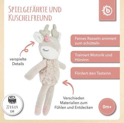 Kleines Kuscheltier mit Rassel / Personalisiert mit Namen und Geburtsdaten / Reh - einzigartigliebe