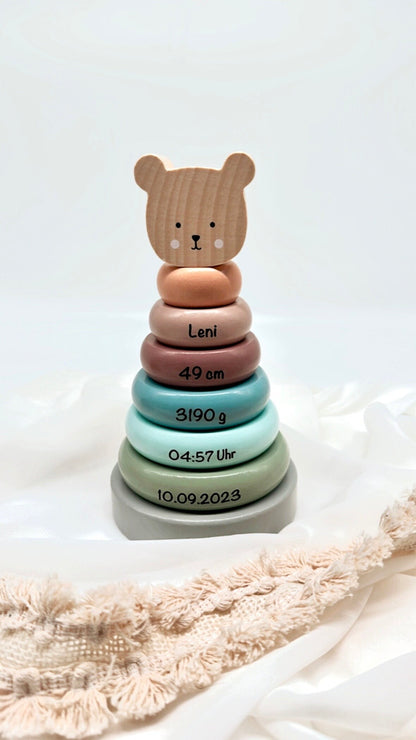 Stapelturm aus Holz mit Name und Geburtsdaten graviert / Teddy Babygeschenk Geburt - einzigartigliebe