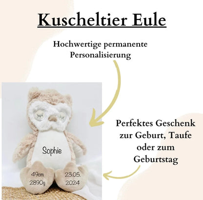 Kuscheltier Eule Personalisiert mit Name und Geburtsdaten - einzigartigliebe