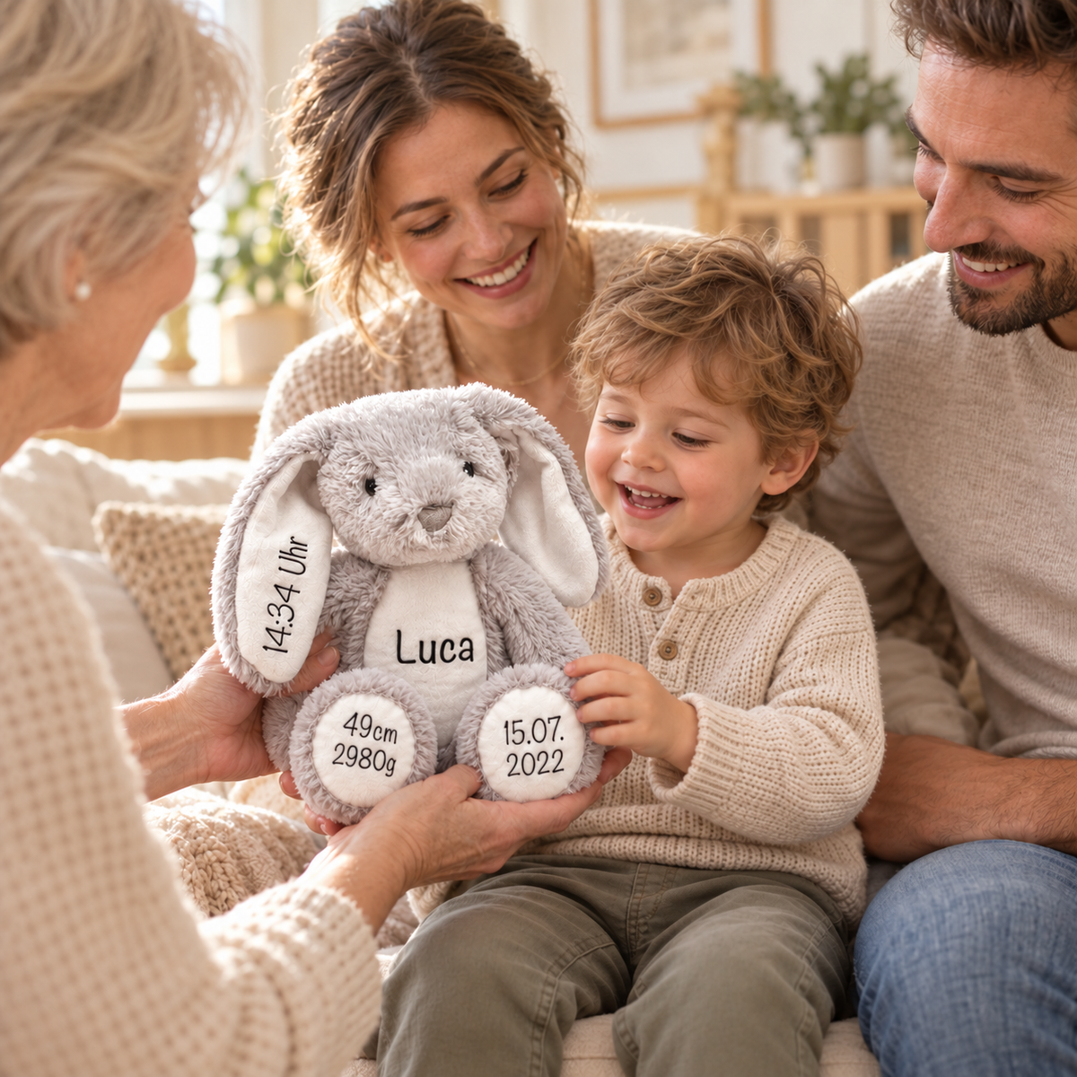Großmutter überreicht einem etwa dreijährigen Jungen den personalisierten Kuschelhasen Luca im Beisein seiner Eltern