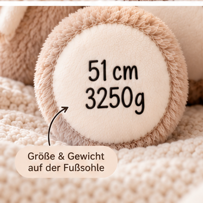Schwarze Beschriftung 51cm und 3250g auf der Fußsohle – digitales Detailbild