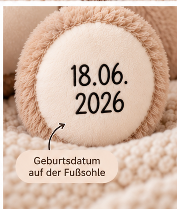 Geburtsdatum 18.06.2026 in schwarzer Schrift auf der Fußsohle – digitales Detailbild