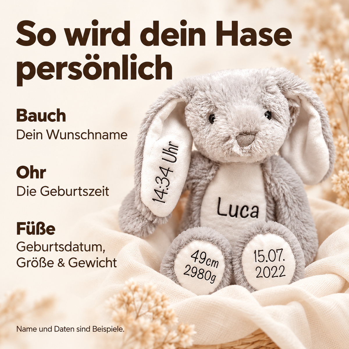 Erklärung der Personalisierung: Name am Bauch, Geburtszeit am Ohr sowie Geburtsdatum, Größe und Gewicht an den Füßen