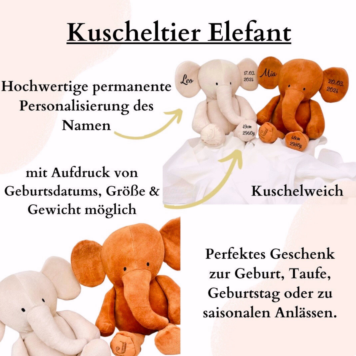Kuscheltier Elefant Personalisiert / Baby Geschenk - einzigartigliebe