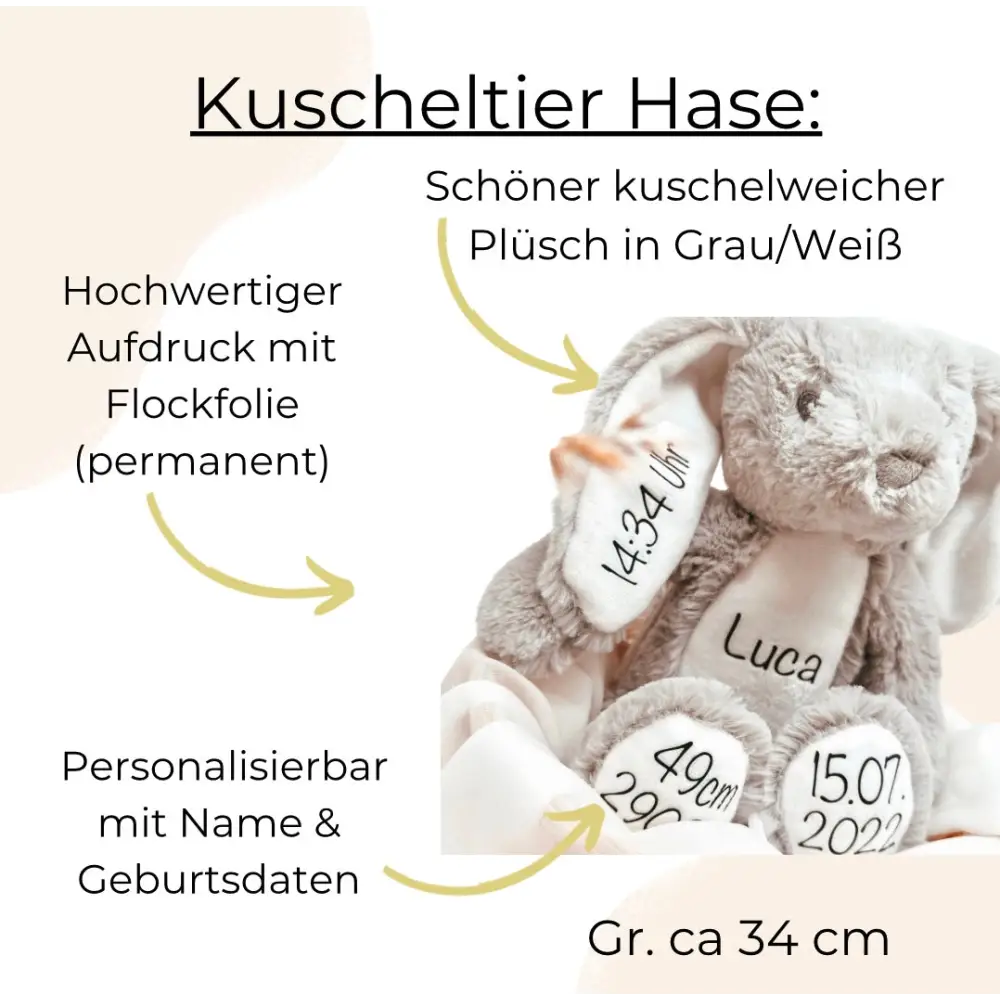 Kuscheltier Hase Personalisiert mit Namen und Geburtsdaten / Ostergeschenk