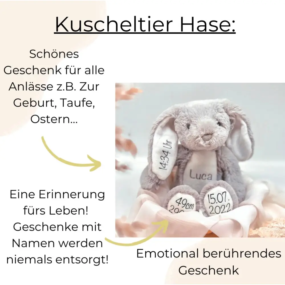 Kuscheltier Hase Personalisiert mit Namen und Geburtsdaten / Ostergeschenk