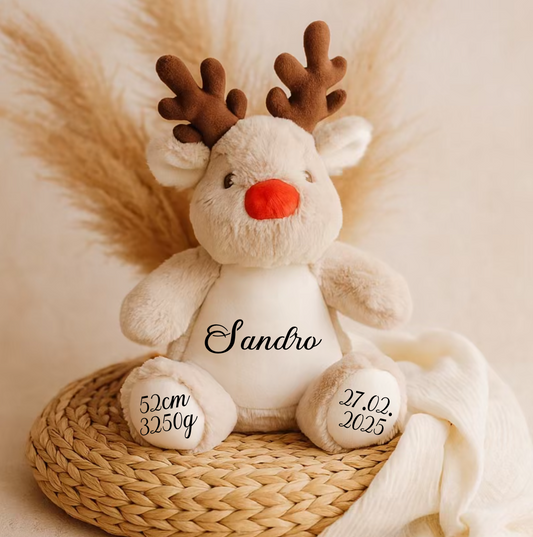 Personalisiertes Rentier Kuscheltier mit Name und Datum zu Weihnachten