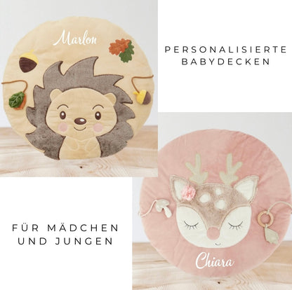 Personalisierte Krabbeldecke / Babydecke für Spielbögen / Rosa Reh oder Beige Igel - einzigartigliebe