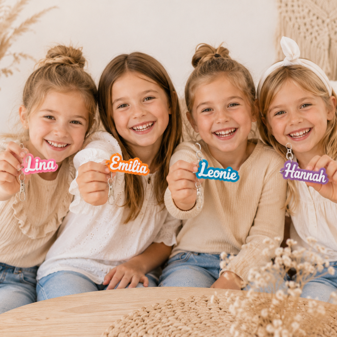 Kinder halten personalisierte Schlüsselanhänger mit Namen – schönes Geschenk für Freundinnen und Geschwister