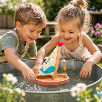 Kinder spielen fröhlich im Garten mit personalisiertem Holz-Segelboot in einer Wasserschale – kreatives und nachhaltiges Spielzeug für draußen