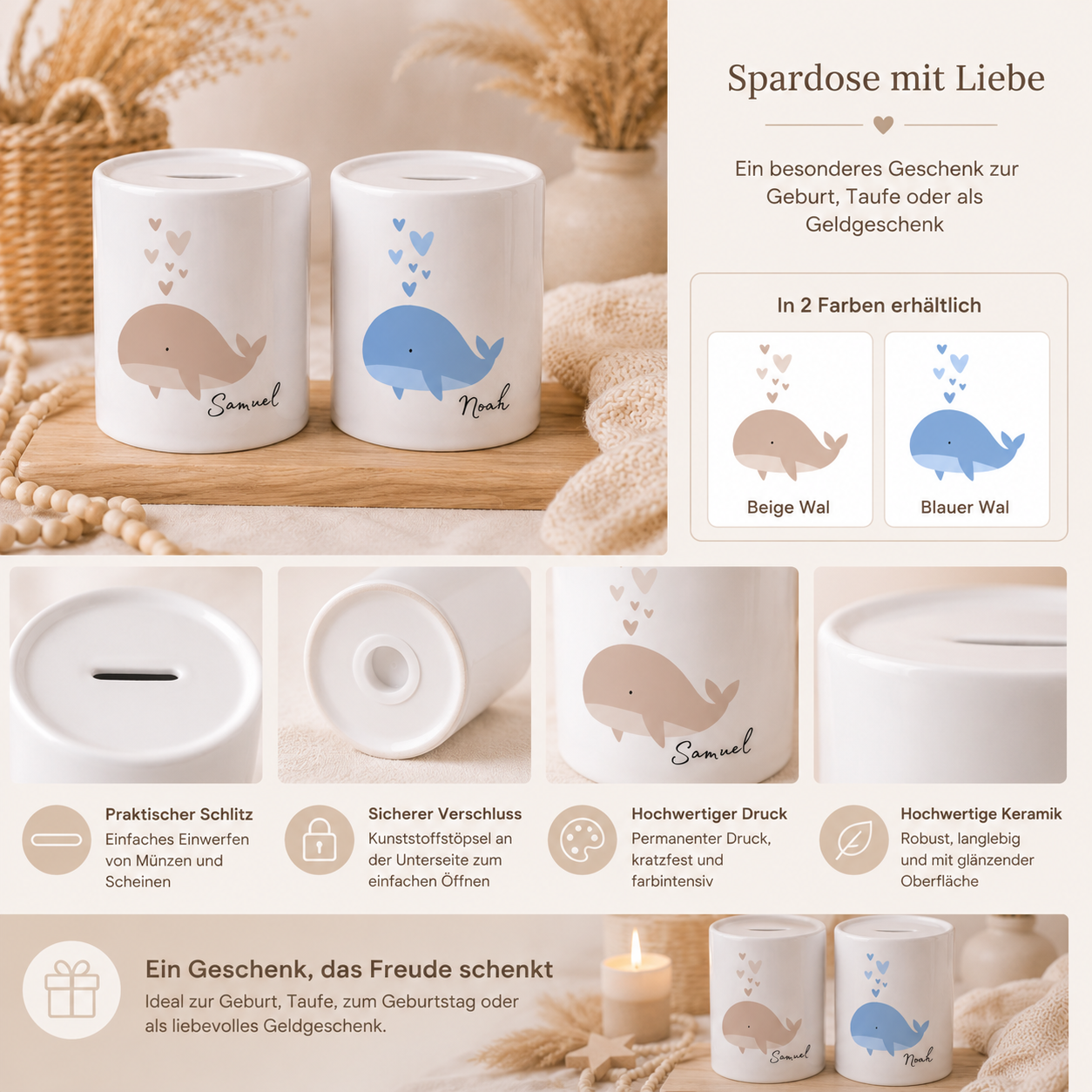Detailansicht der personalisierten Keramik Spardose mit Wal-Motiv – langlebige Keramik, permanenter Druck und praktische Entnahmeöffnung mit Kunststoffstöpsel.