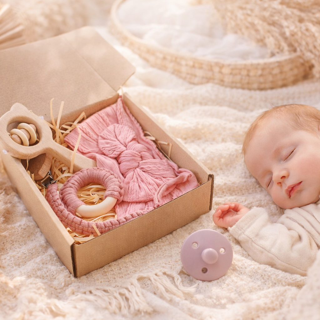 Baby Geschenkset mit Beißring Schnullerkette und Holzkarte