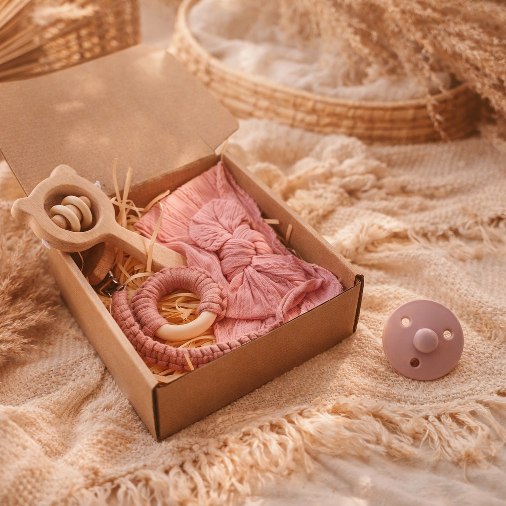 6-teiliges Baby Geschenkset mit personalisierten Accessoires