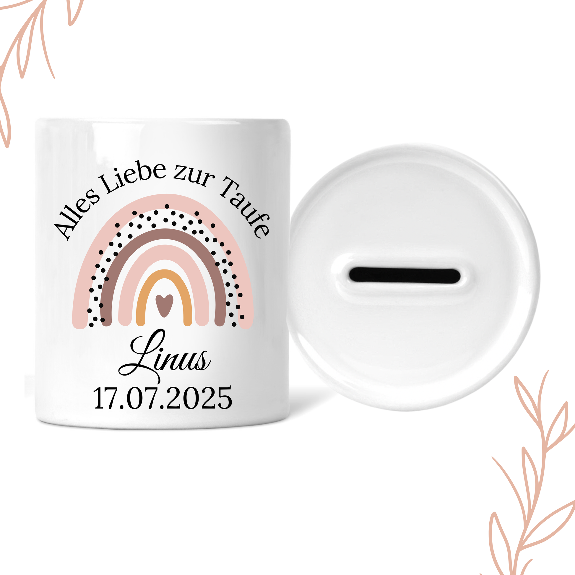     Weiße Keramik Spardose mit individuellem Namen und Taufdatum – personalisiertes Geschenk für Taufe, Geburt oder Kinderzimmer.