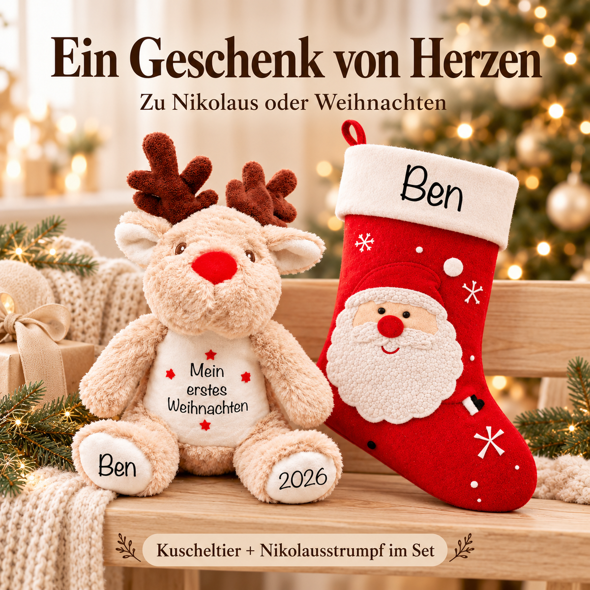 Rentier und Nikolausstrumpf als persönliches Geschenkset zu Nikolaus oder Weihnachten