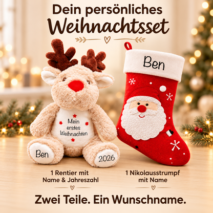 Set-Inhalt: ein personalisiertes Rentier und ein roter Nikolausstrumpf mit demselben Wunschnamen