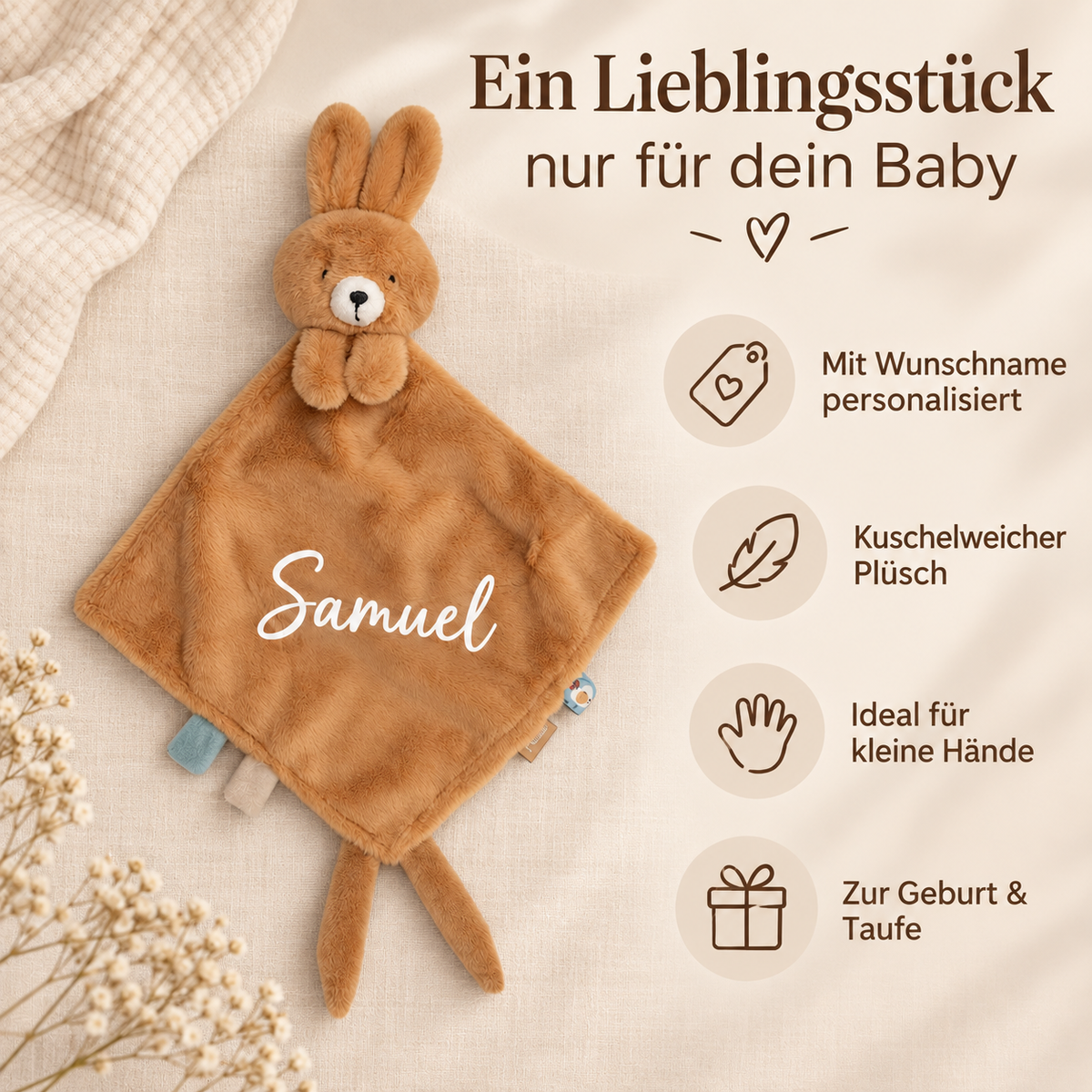 Personalisiertes Schmusetuch Hase mit Wunschname – kuschelweiches Babygeschenk zur Geburt und Taufe