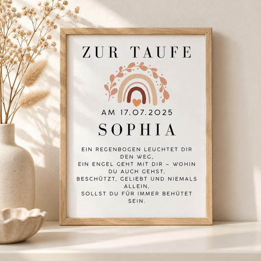 Personalisiertes DIN-A4-Taufposter mit Regenbogen, Name Sophia und Taufdatum im hellen Holzoptikrahmen