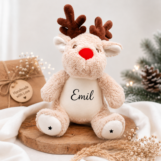 Personalisiertes Weihnachtsrentier mit Namen Emil auf dem Bauch und schwarzen Fußsternen