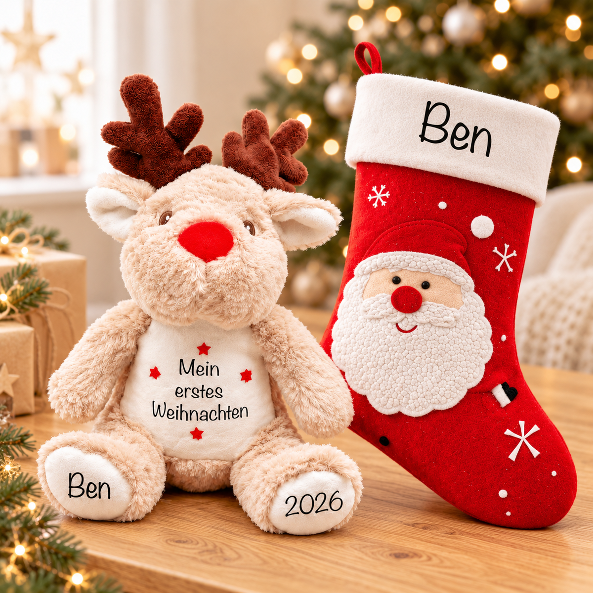 Personalisiertes Weihnachtsset aus Rentier Mein erstes Weihnachten und rotem Weihnachtsmann-Nikolausstrumpf mit Name Ben