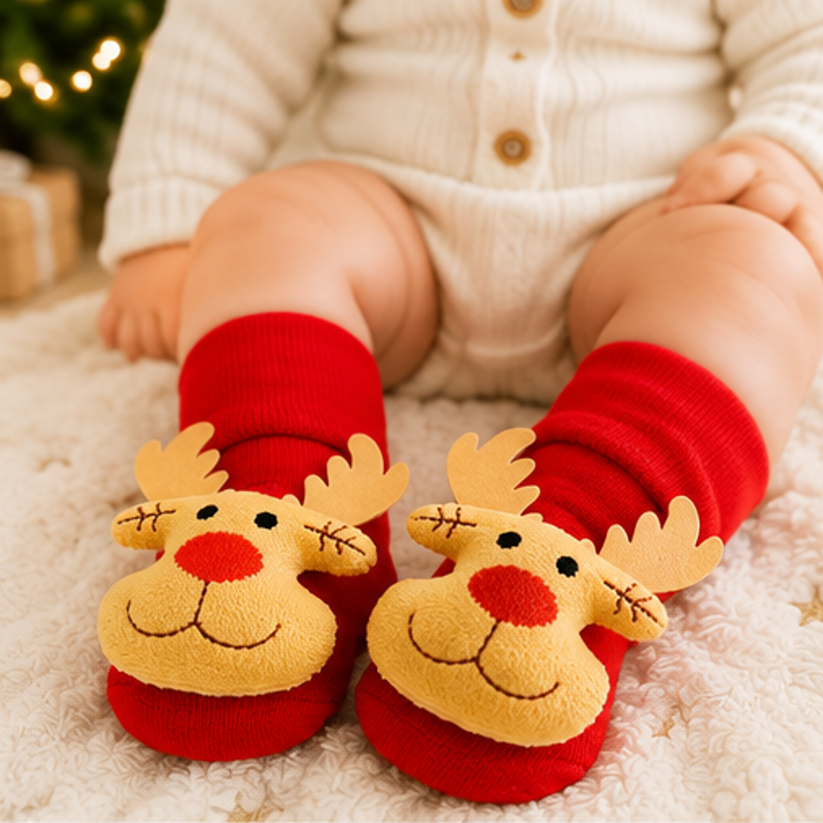 Baby trägt rote Weihnachtssocken mit Rentiermotiv – Größe 0 bis 12 Monate
