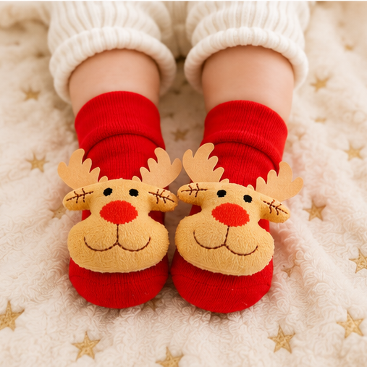 Rote Rentier Weihnachtssocken für Babys 0 bis 12 Monate getragen