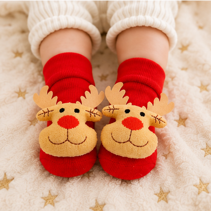 Rote Rentier Weihnachtssocken für Babys 0 bis 12 Monate getragen