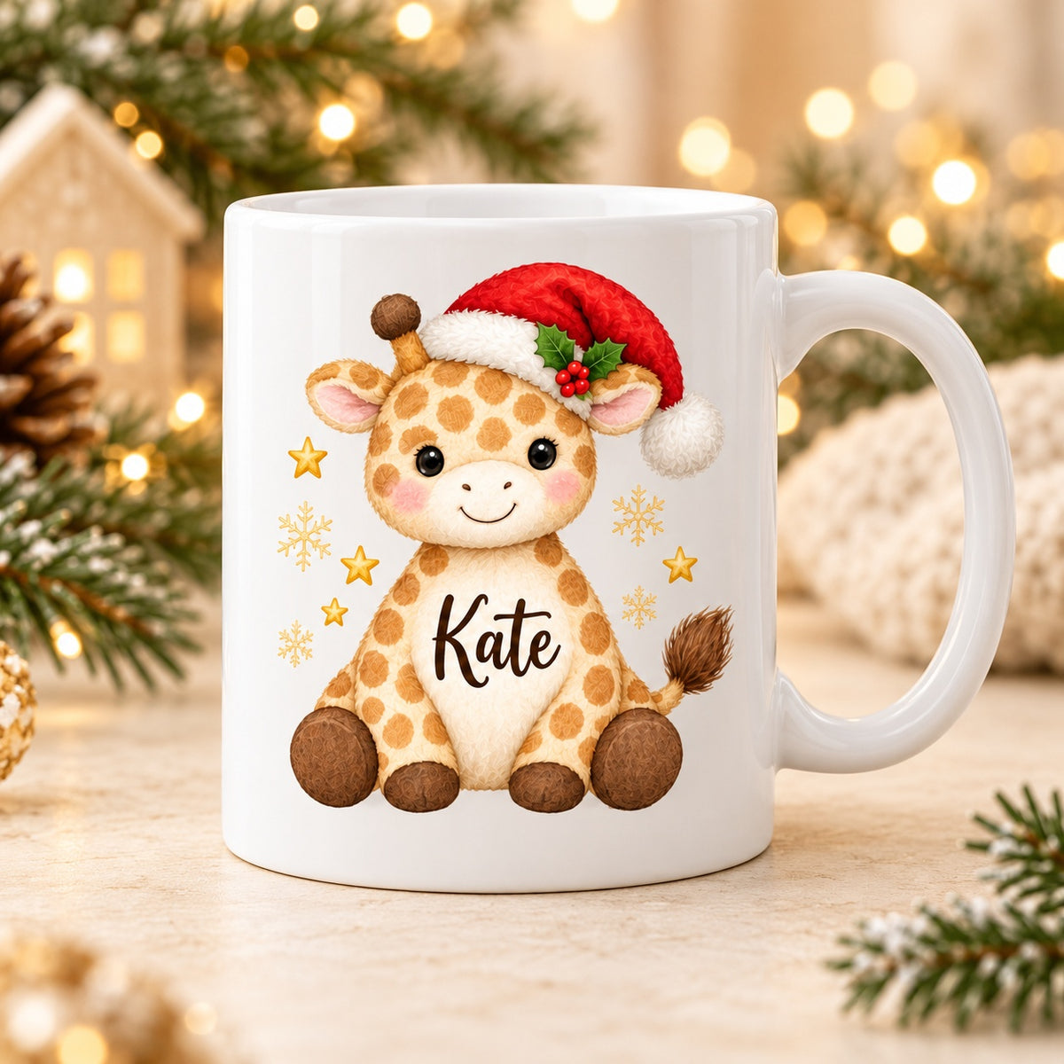 Weihnachtstasse Giraffe mit Beispielnamen