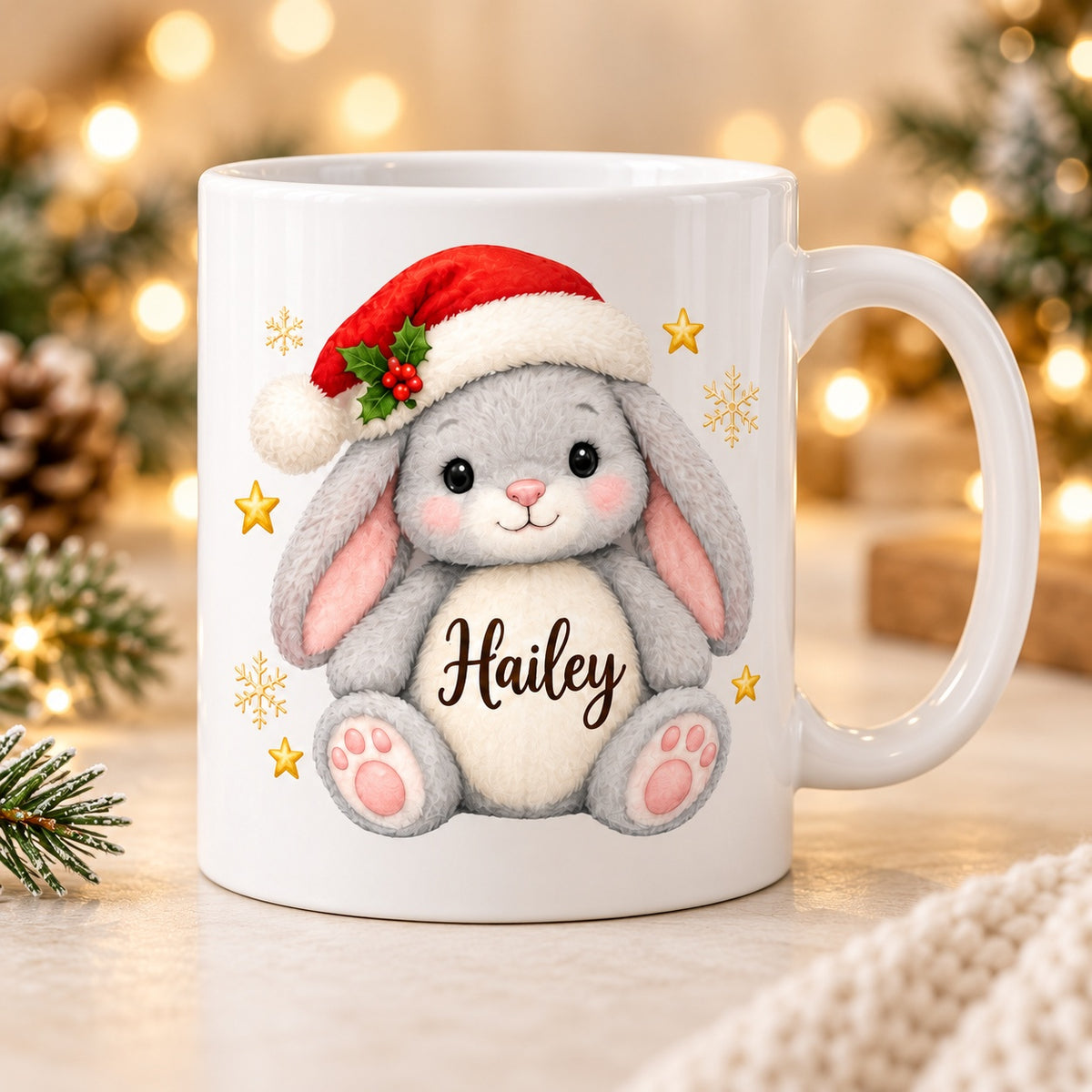 Weihnachtstasse Hase mit Beispielnamen