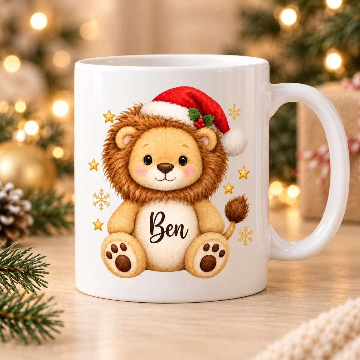 Weihnachtstasse Loewe mit Beispielnamen